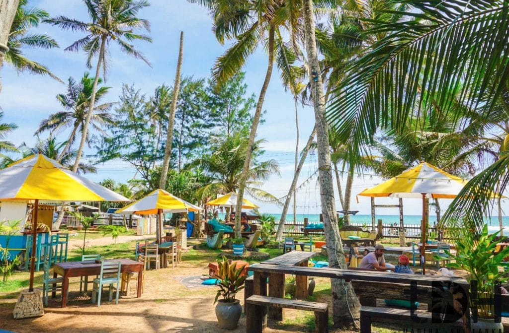 A casual open-air beach cafe with colorful umbrellas, wooden furniture, and patrons enjoying the tropical seaside ambiance.