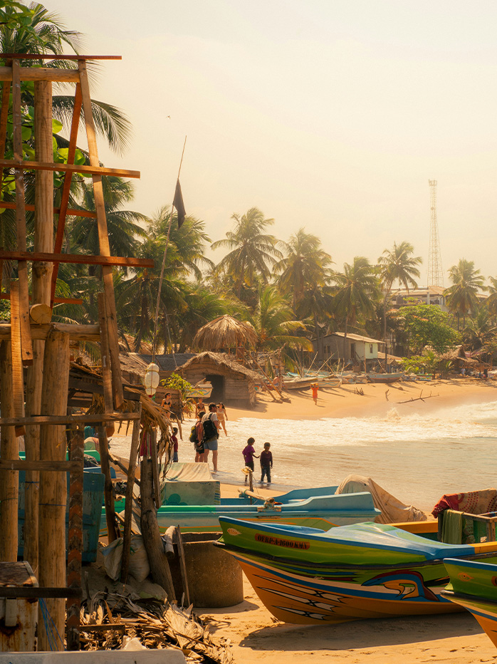 Colorful fishing boats lined up on a sandy beach in a traditional Sri Lankan fishing village.

