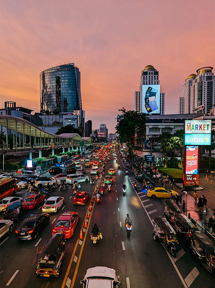 A busy street in Bangkok with lots of traffic