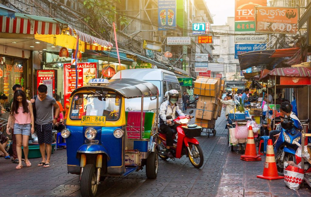 A busy market street in Bangkok.