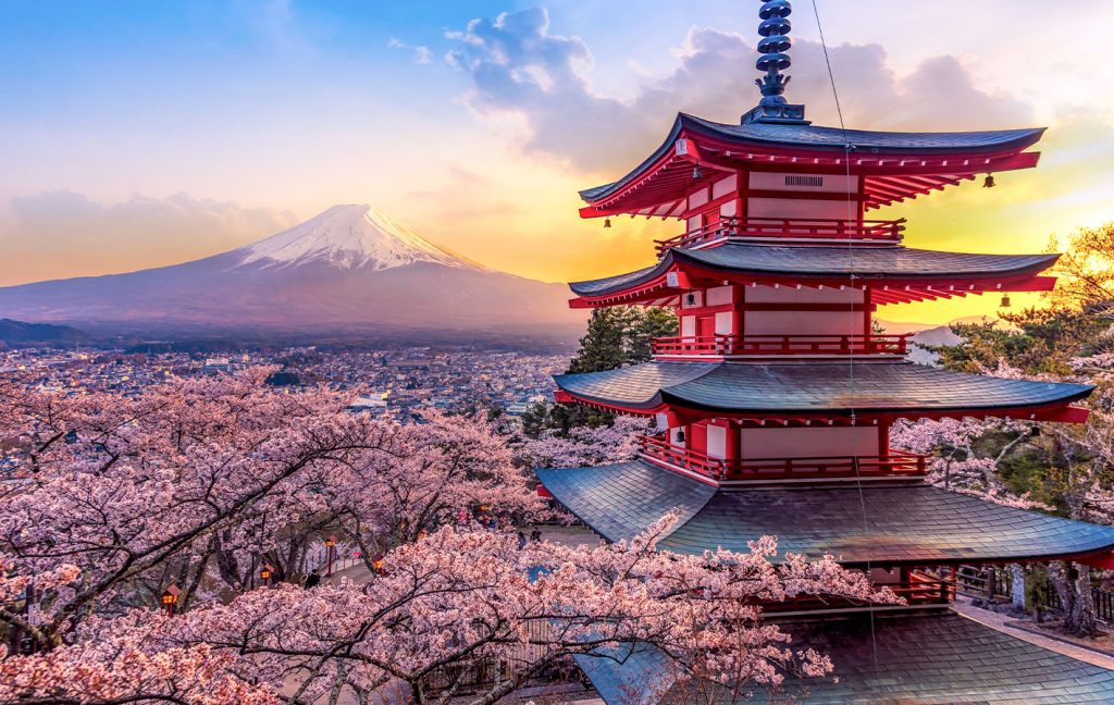 The Chureito Pagoda overlooks cherry blossoms with Mount Fuji in the background at sunset.