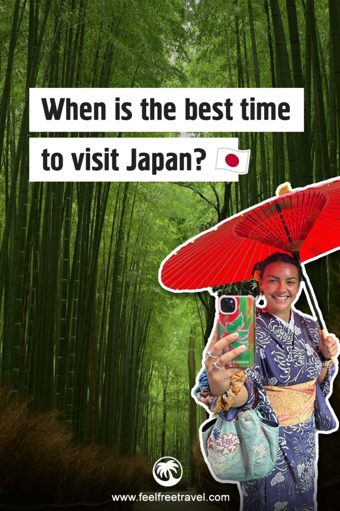 A woman in kimono holding a red umbrella takes a selfie in a bamboo forest with text asking “When is the best time to visit Japan?”