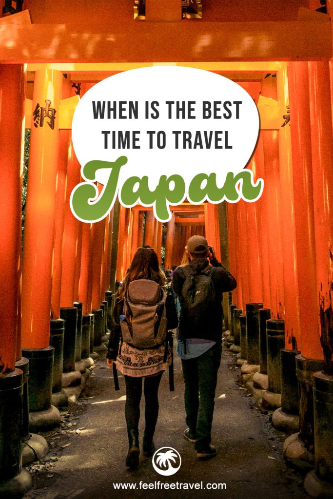 A couple walks through the iconic red torii gates at Fushimi Inari Shrine with overlaid text about the best time to travel Japan.
