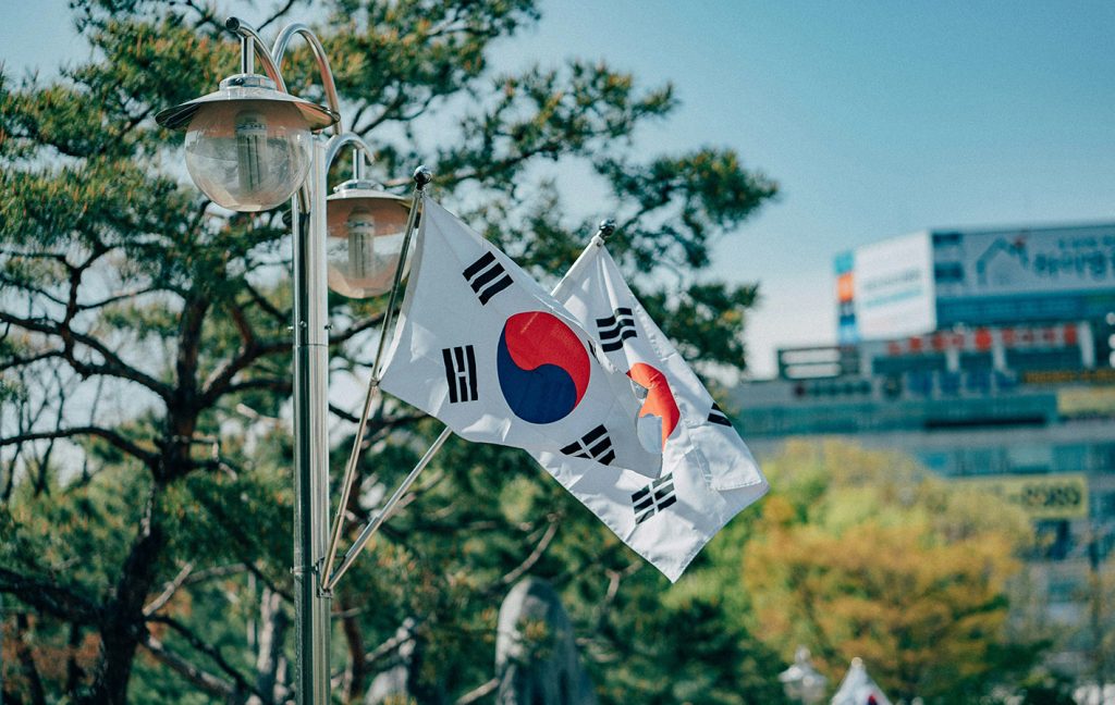 Two South Korean flags wave on a street lamp with trees and city buildings in the background.