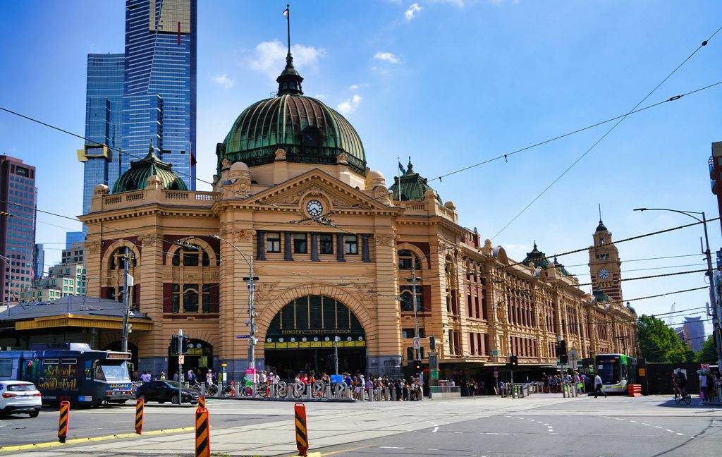 The historic Flinders Street Station standing proudly in Melbourne’s city center.