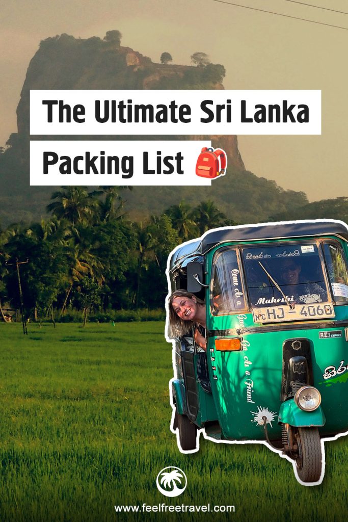 A green tuk-tuk drives past fields with a sign reading “The Ultimate Sri Lanka Packing List.”