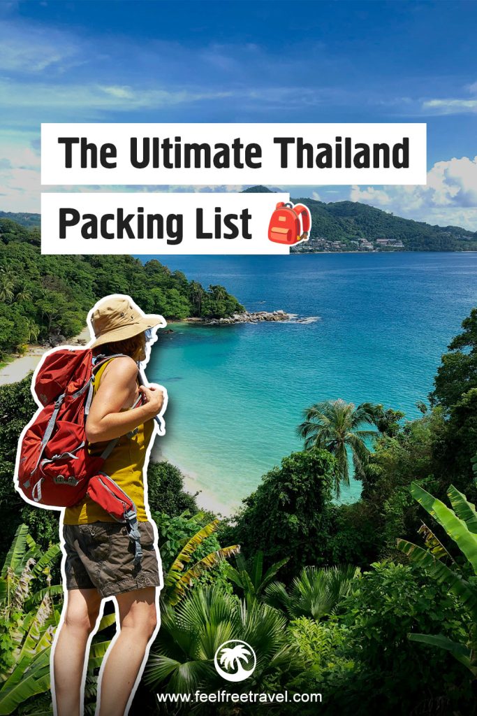 A traveler with a red backpack overlooks lush jungle and turquoise sea with text about a Thailand packing list.