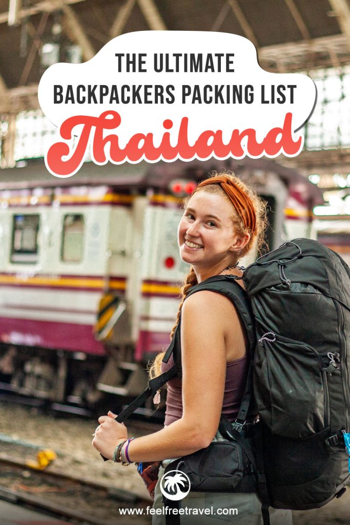 A smiling backpacker at a train station stands beneath text about Thailand packing tips.