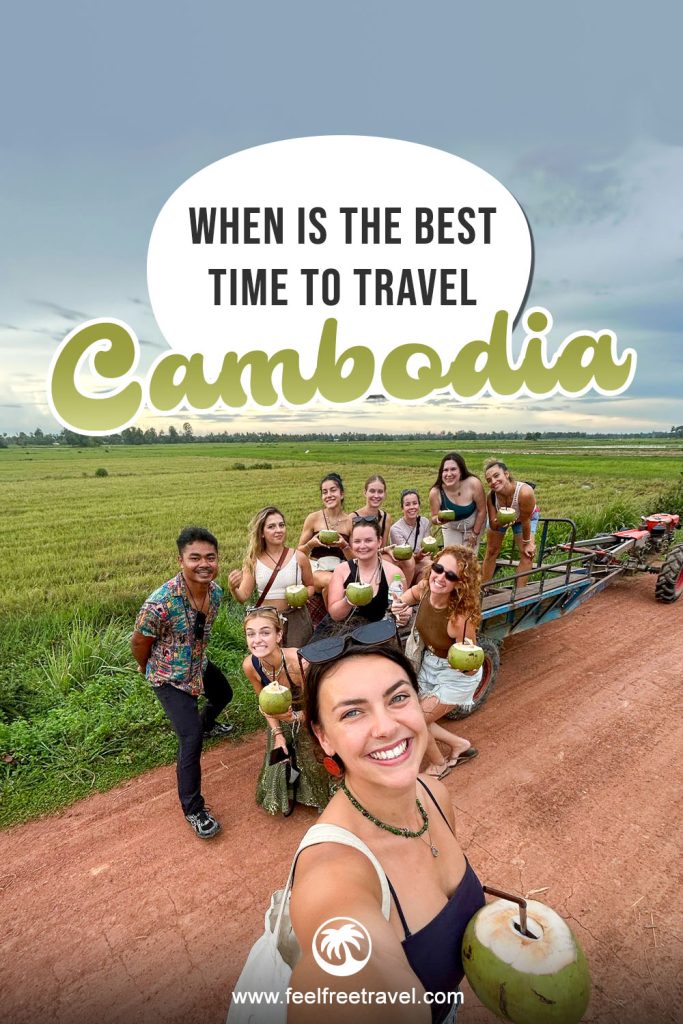 A group of travelers holding coconuts smile for a selfie on a rural Cambodian dirt road next to green rice fields.